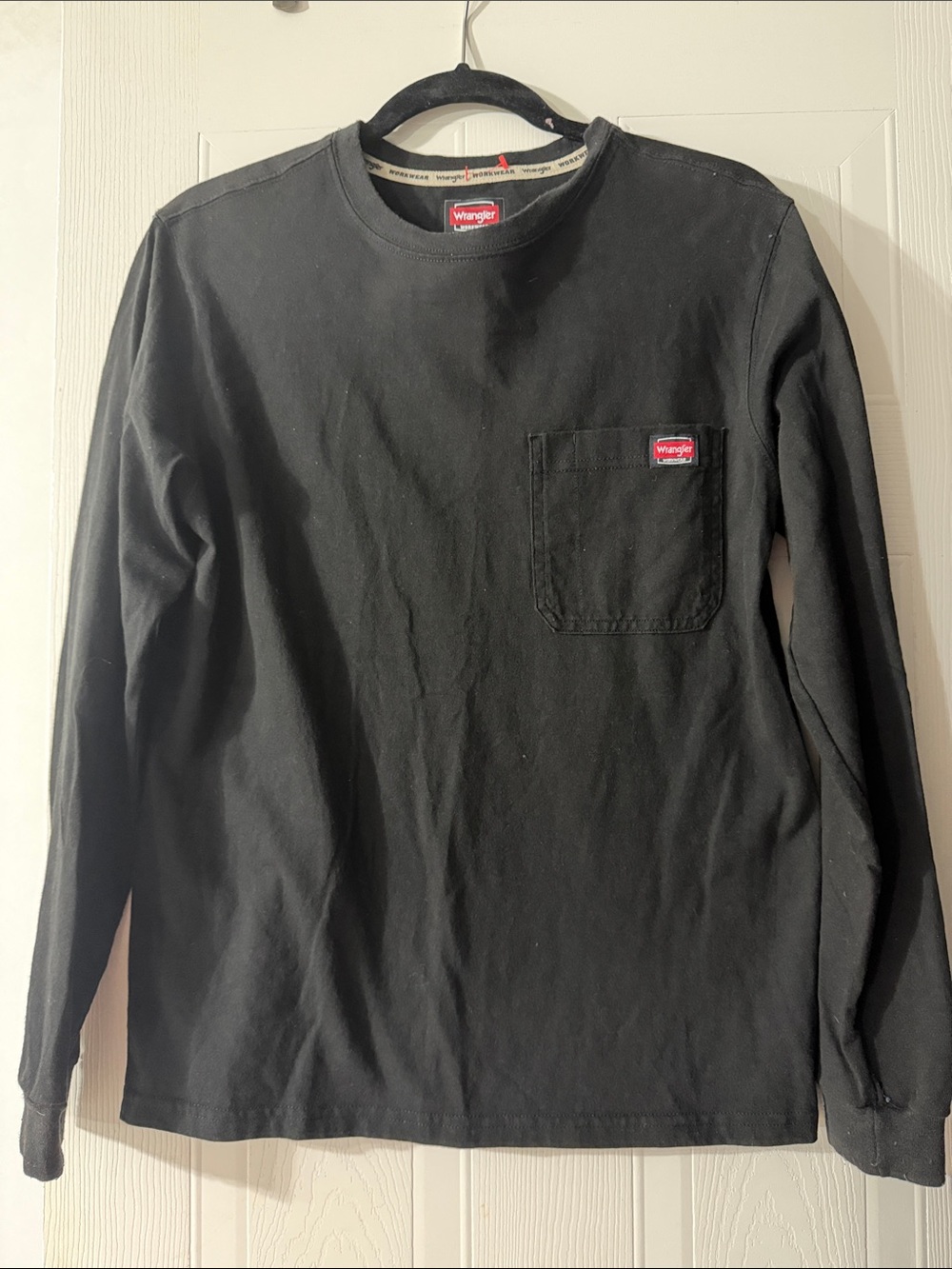 Wrangler Black Long Sleeve Pocket Tee with Red Logo Tab